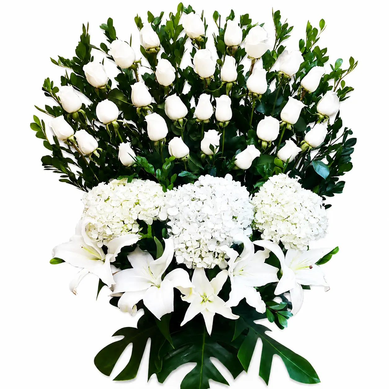 arreglo floral fúnebre con lirios y hortensias para velorio y condolencias con entrega en Lima